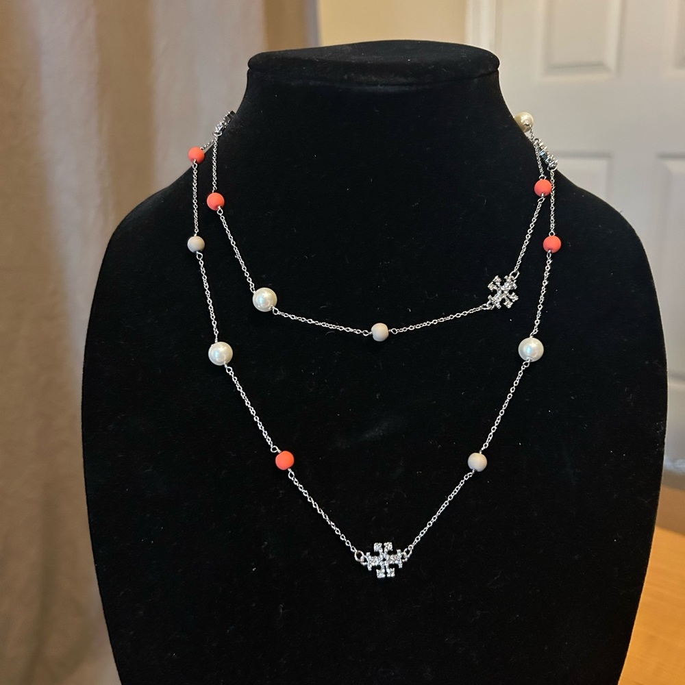 Tory Burch Kira Logo Pearl Necklace with Orange and Beige Beads